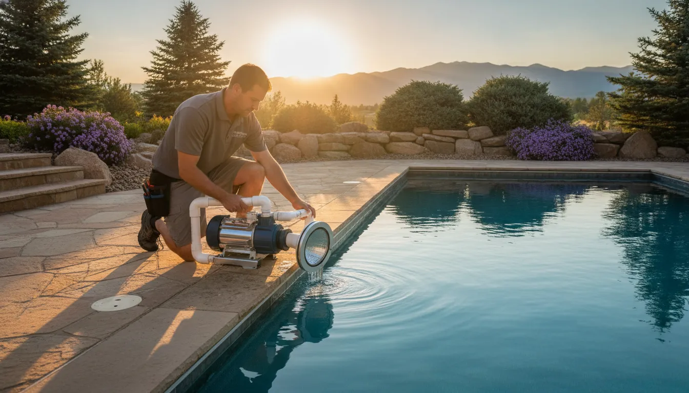 Pool service technician installing a modern pump at a Denver backyard pool
