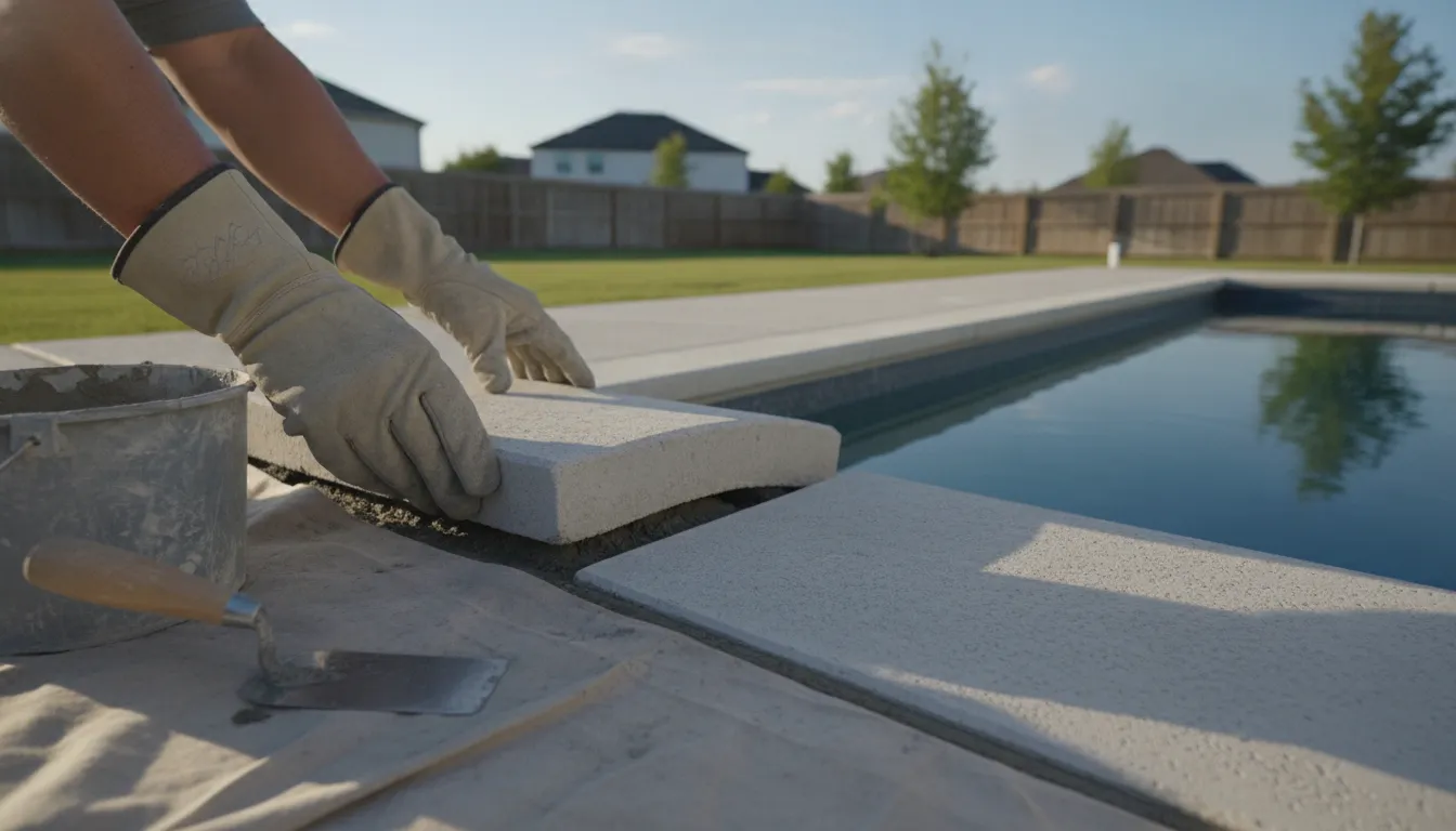 Pool technician installing new coping stones around a Denver backyard swimming pool