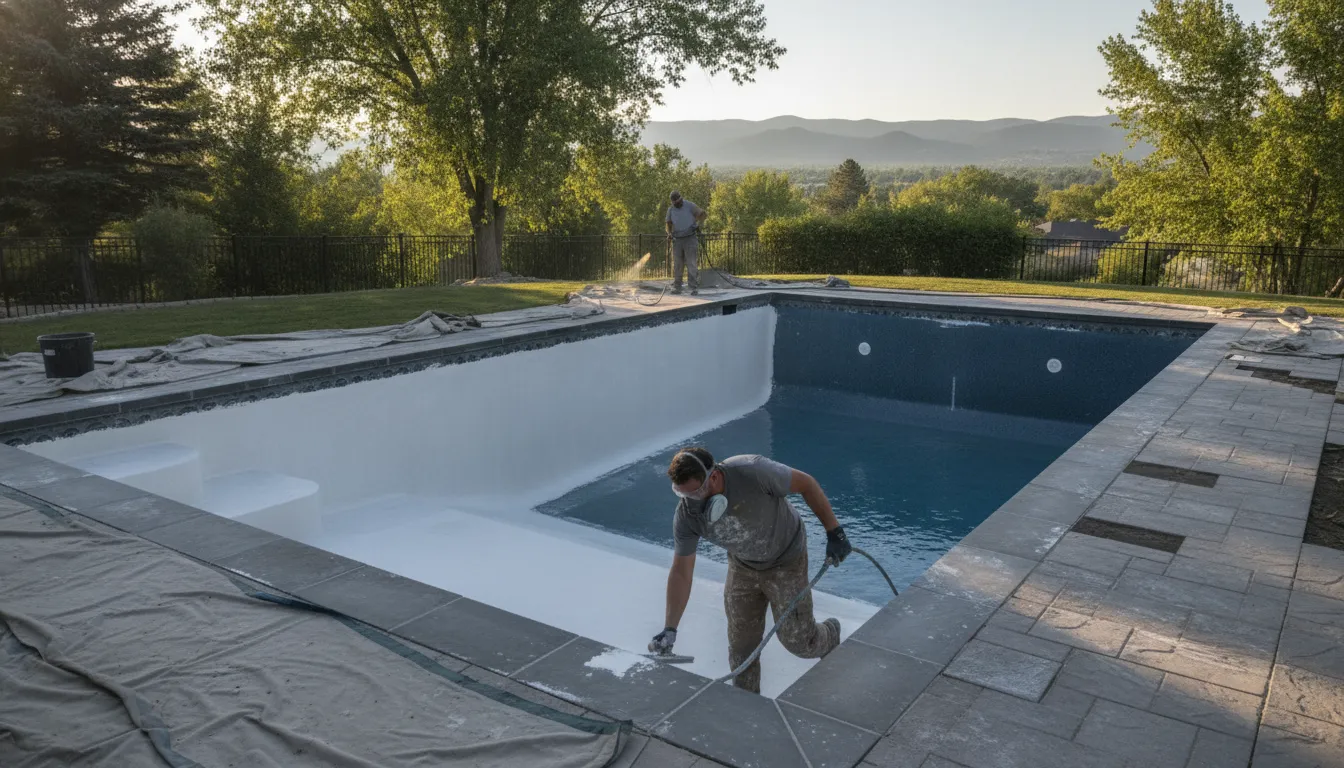 Technician modernizing an older in-ground pool in a Denver backyard during renovation