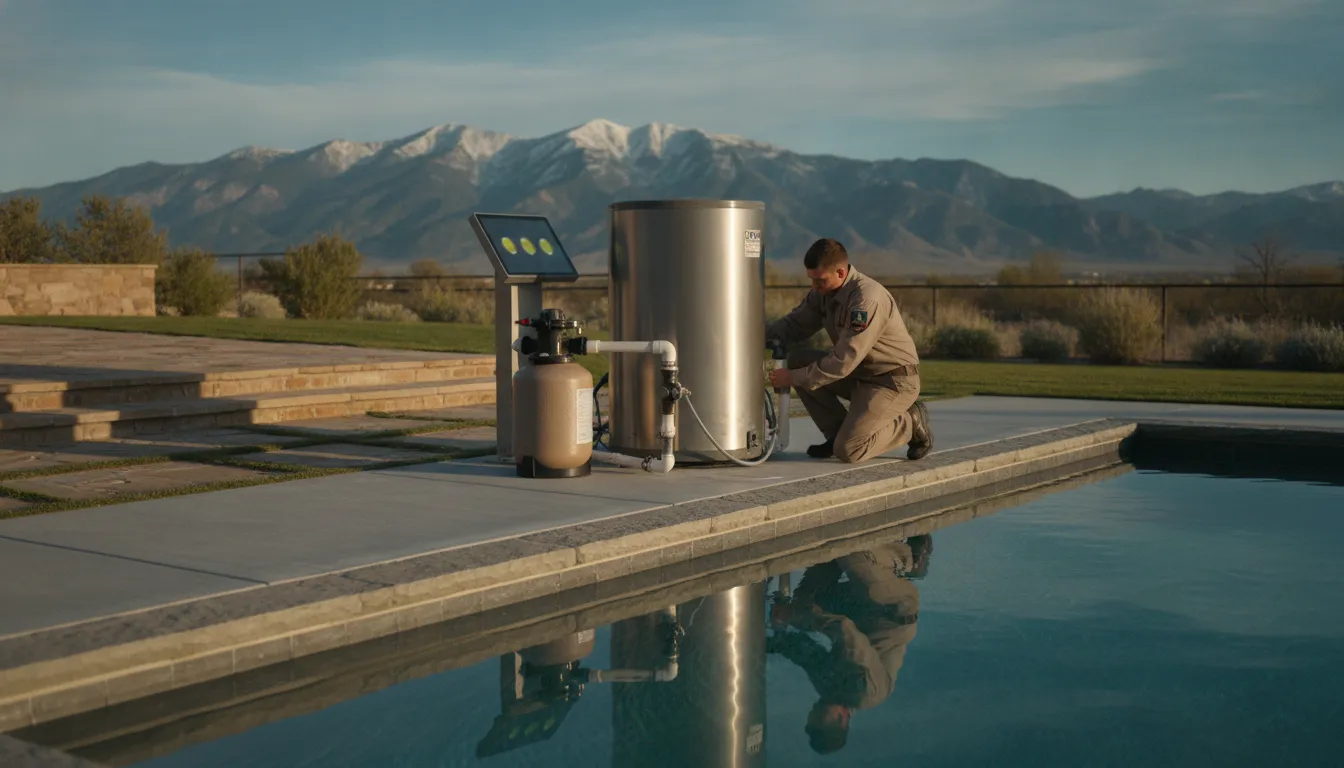 Technician installing modern pool automation equipment beside a remodeled backyard pool in Denver