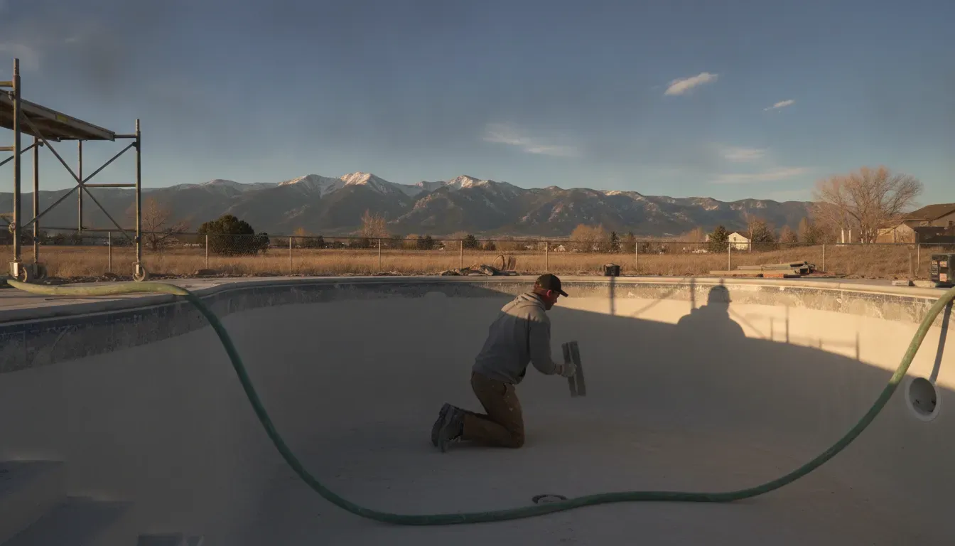 Pool technician applying a fresh plaster finish to the interior wall of an empty Denver backyard pool
