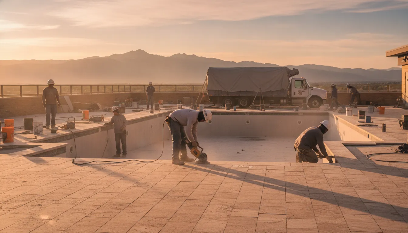 Commercial pool renovation crew resurfacing a Denver hotel pool at golden hour with mountains in the background