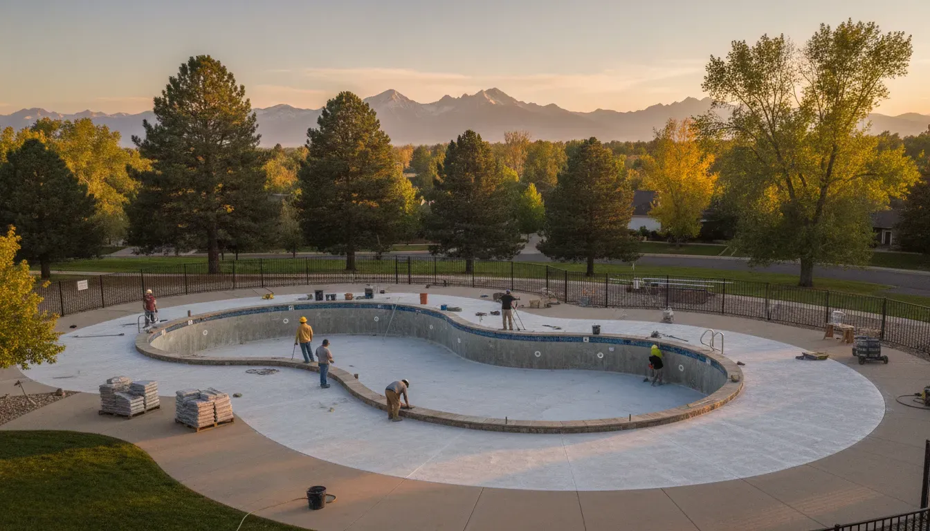 Denver HOA community pool renovation with workers installing new coping and deck coating