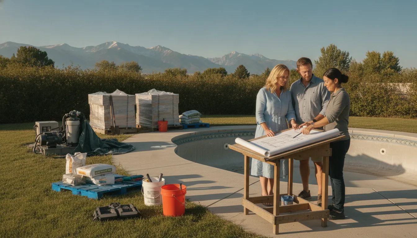 Denver Metro homeowners planning a backyard pool renovation with a Neptune Pools technician