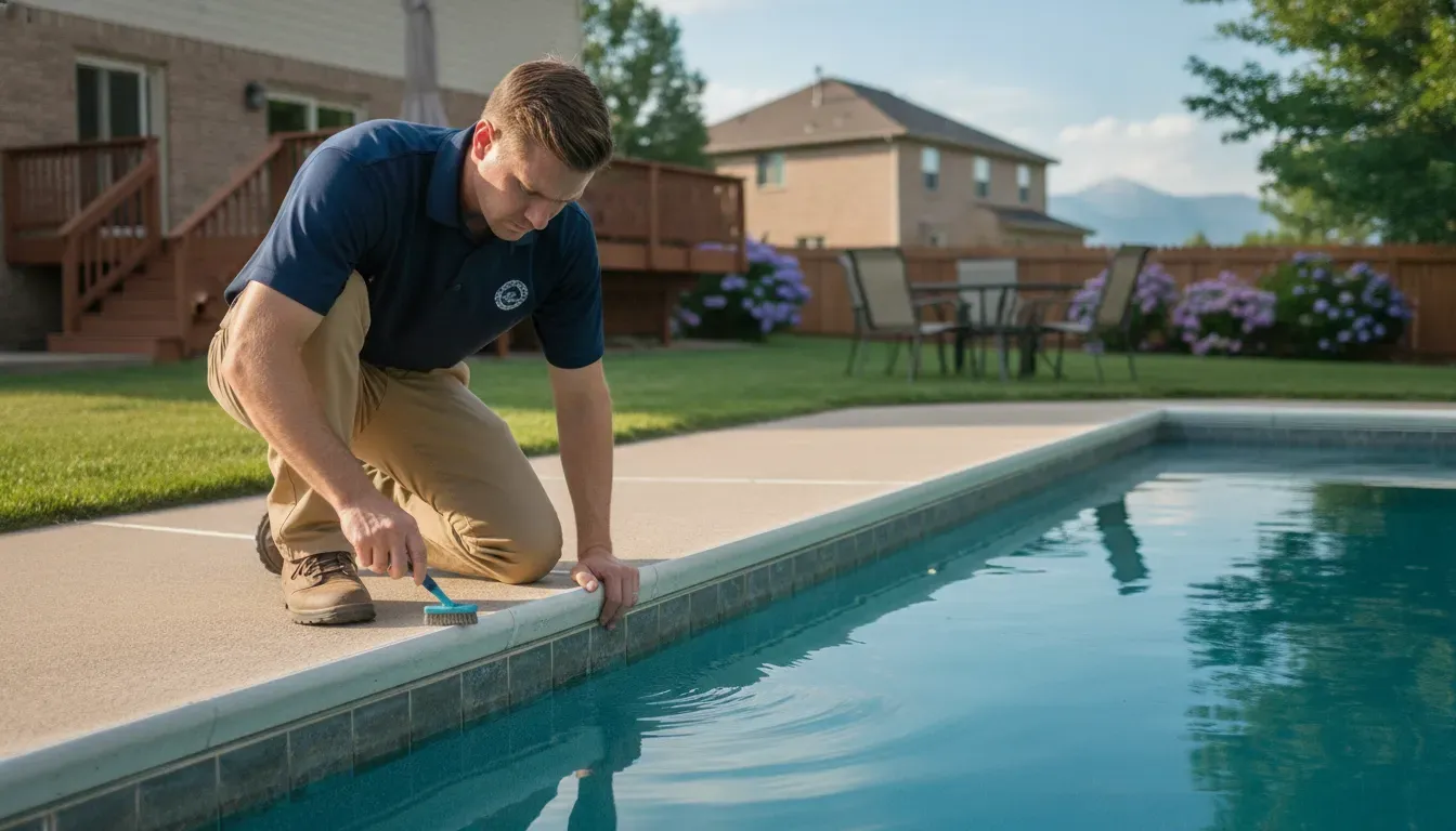 Professional pool service technician inspecting the edge of a residential backyard pool in Denver