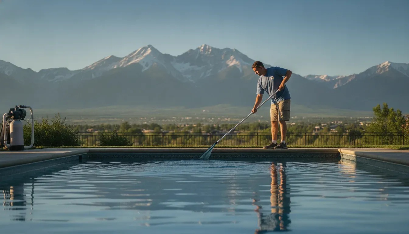 A professional pool technician skimming a clean backyard swimming pool in Colorado with mountains in the background