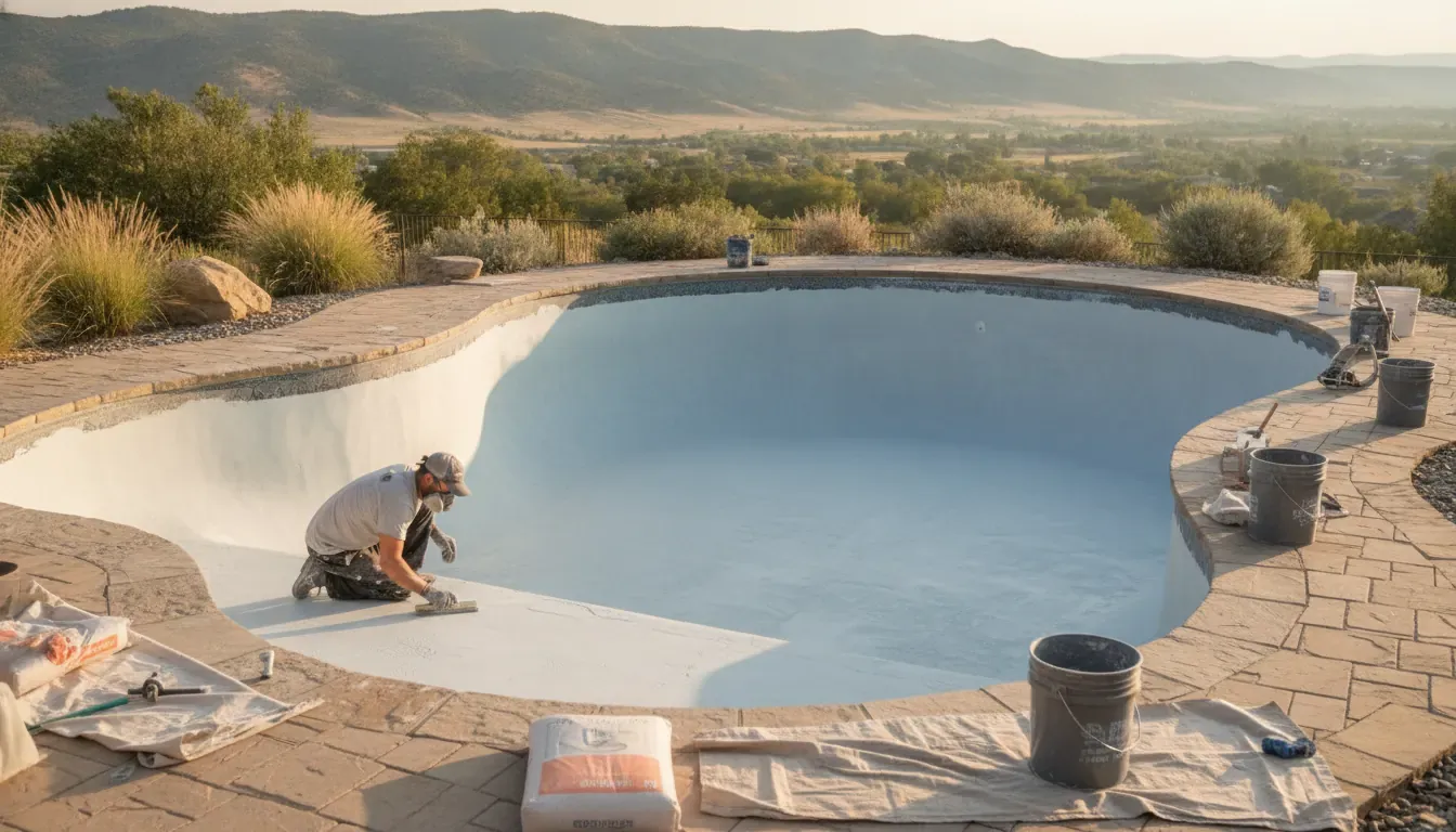 Denver pool technician applying a new finish during resurfacing