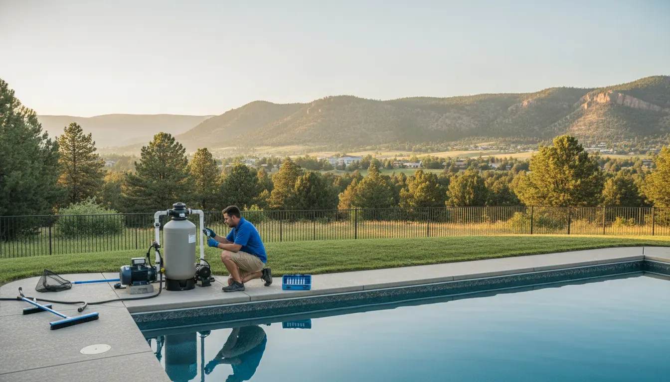 Denver pool technician checking a backyard swimming pool during maintenance