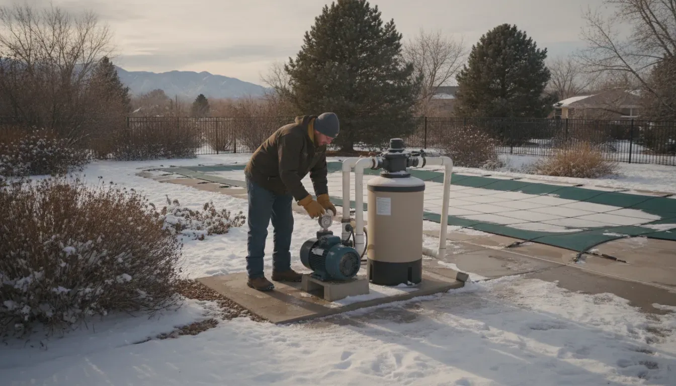Technician inspecting a pool pump during a Colorado winter
