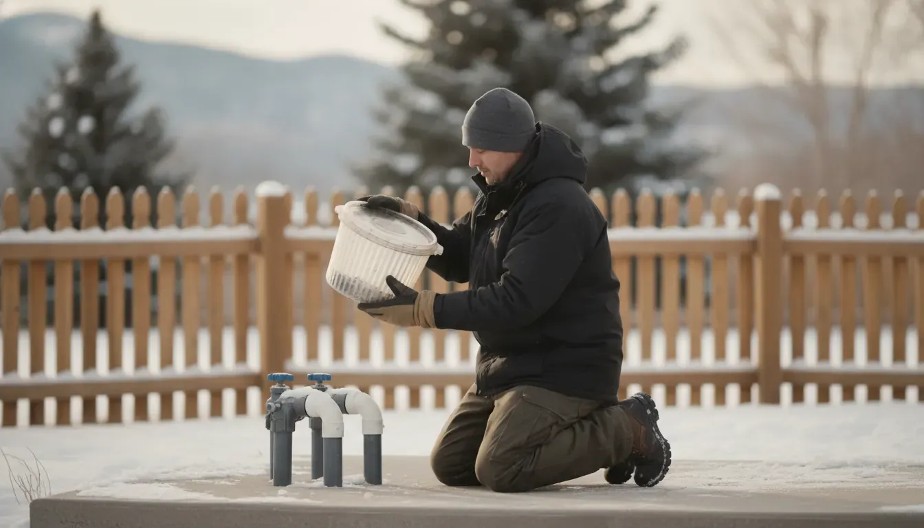 Pool technician checking a pump basket before a Colorado freeze