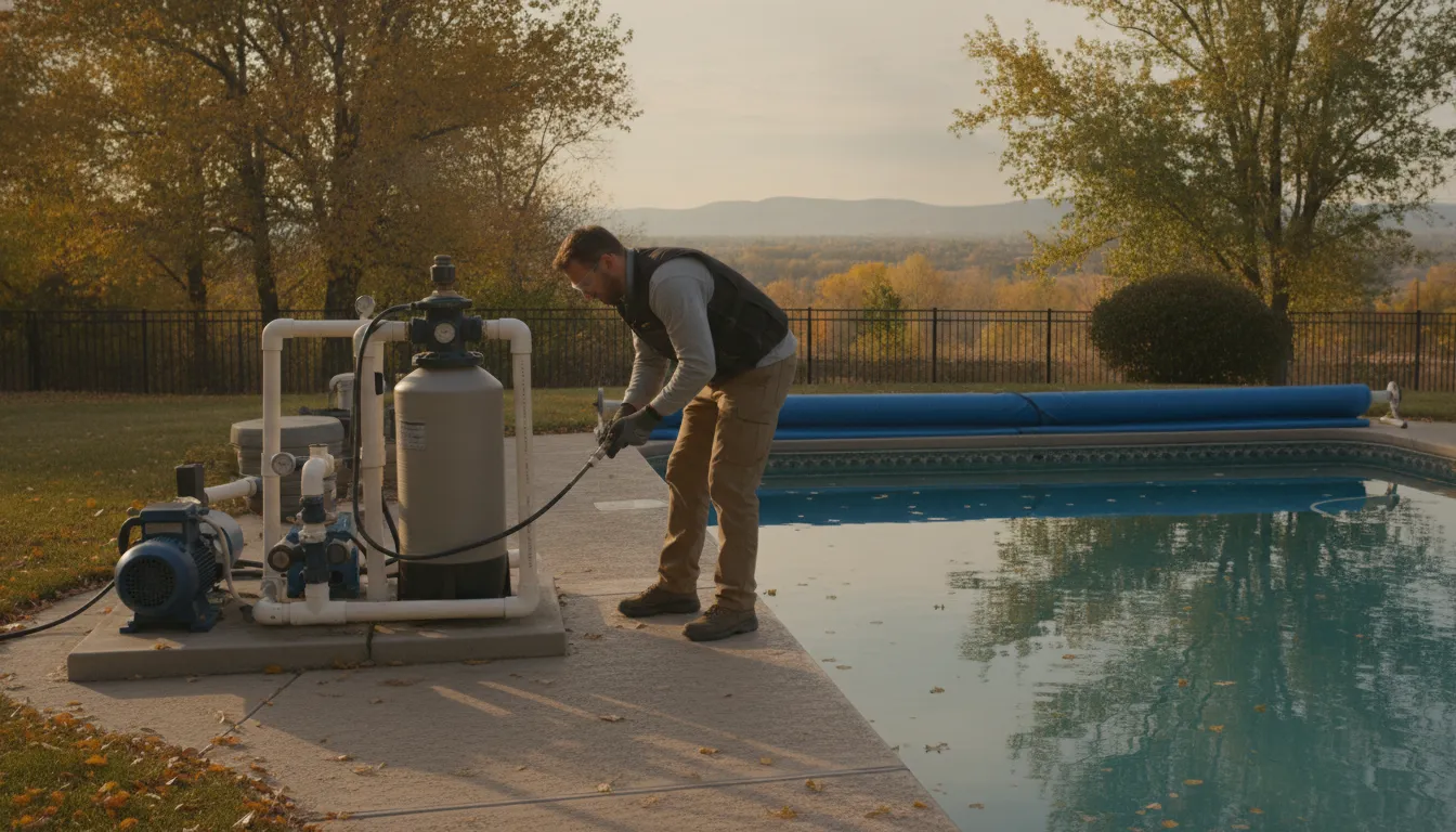 Technician clearing Colorado pool plumbing before winter
