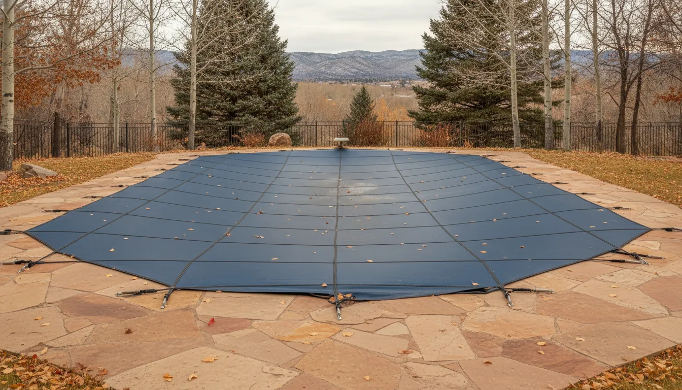 Winter cover secured over a Colorado swimming pool