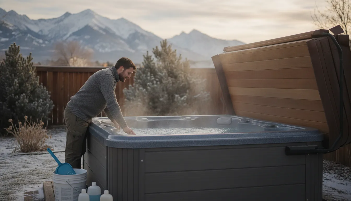 Denver homeowner checking a clean hot tub in winter