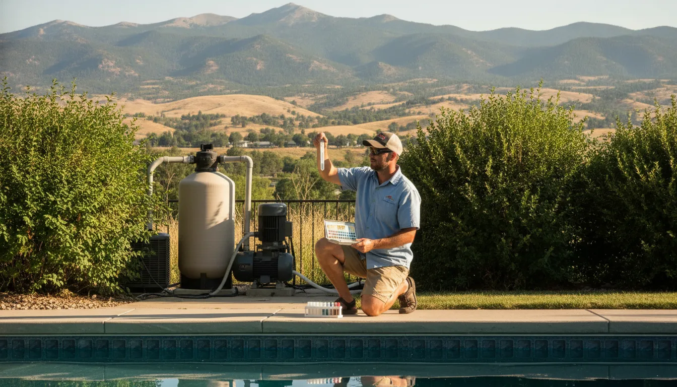 Pool water chemistry test kit beside a Denver backyard pool