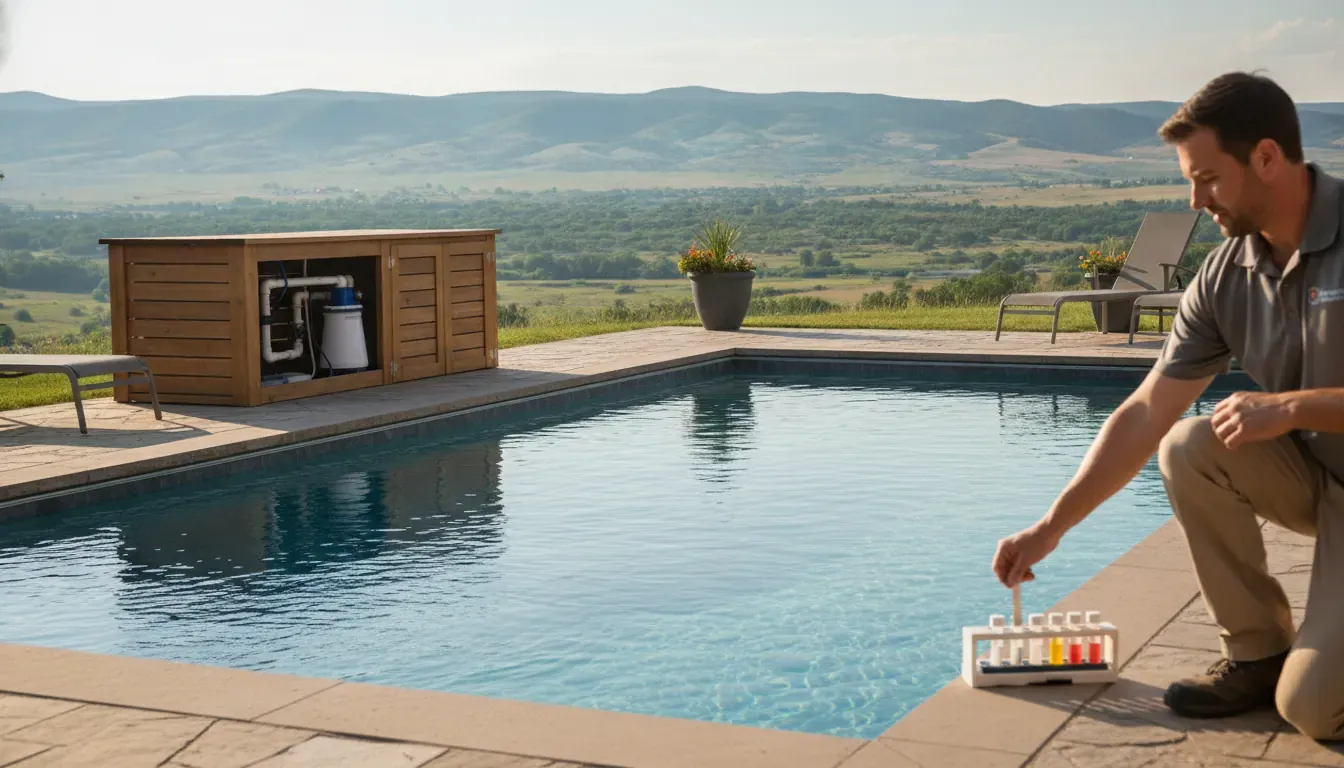 Salt water pool chemistry maintenance beside a Denver backyard pool