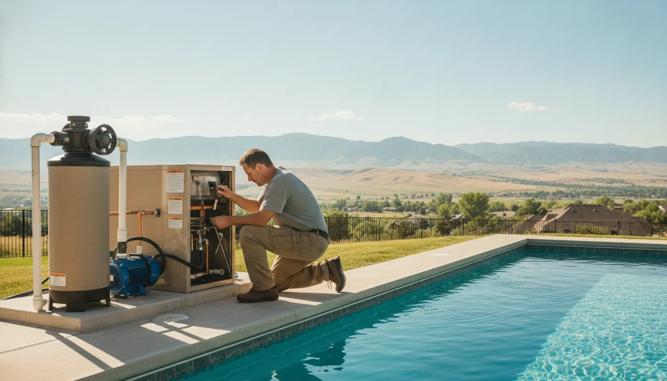 Technician performing pool equipment maintenance beside a Colorado pool