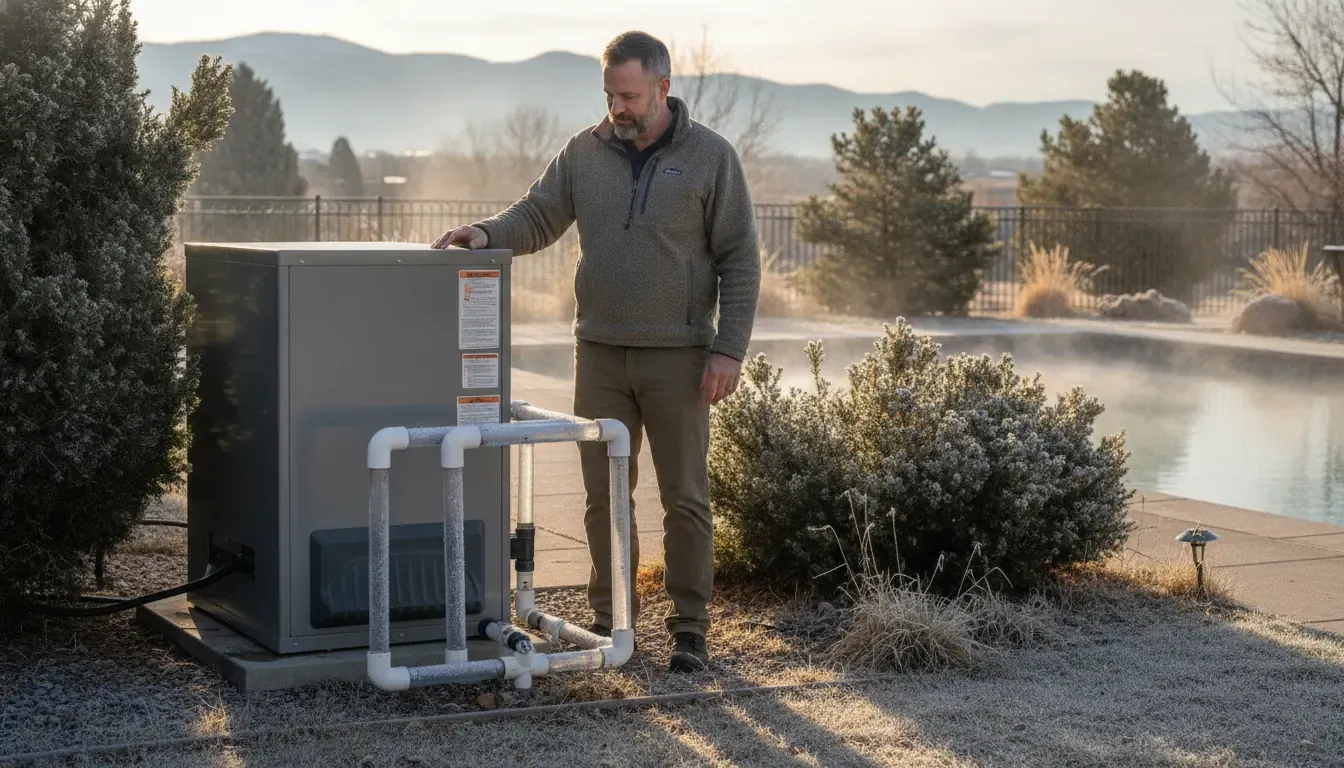 Denver homeowner checking a pool heater beside a residential pool