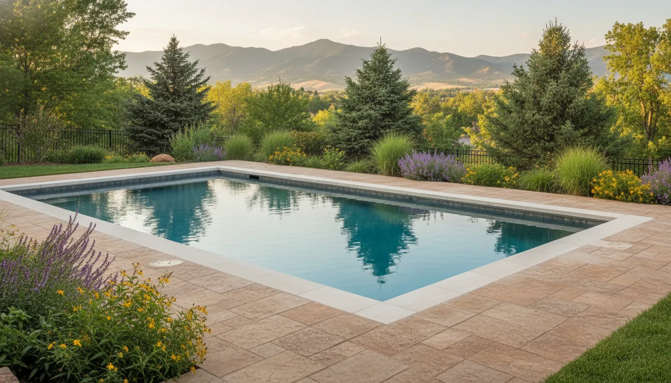 Remodeled pool deck beside a Denver backyard pool