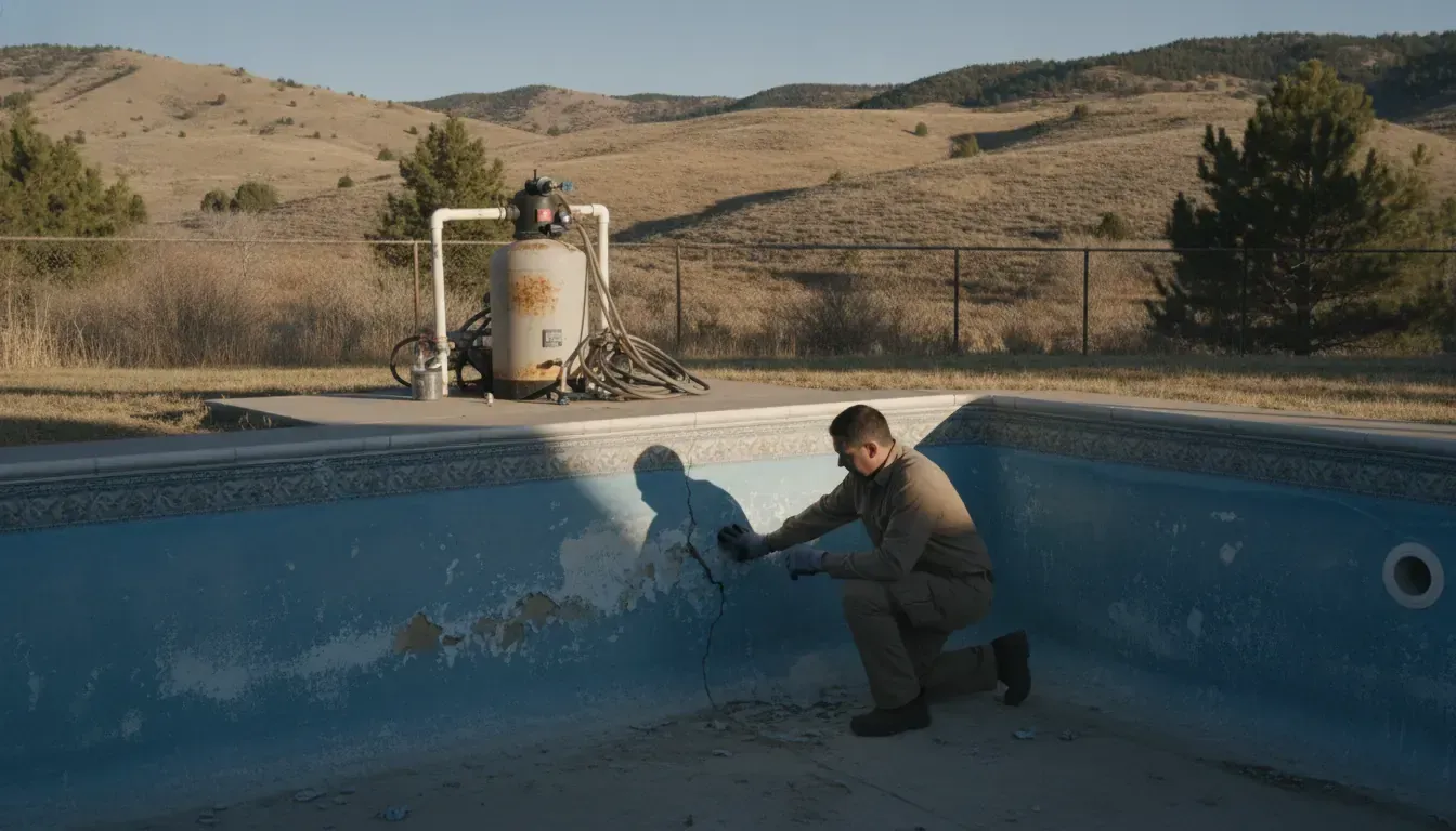 Technician inspecting an aging swimming pool in a Denver backyard