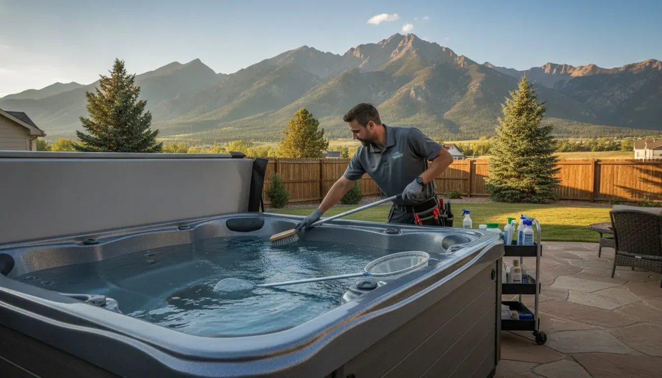 Technician cleaning a residential hot tub in a Denver backyard
