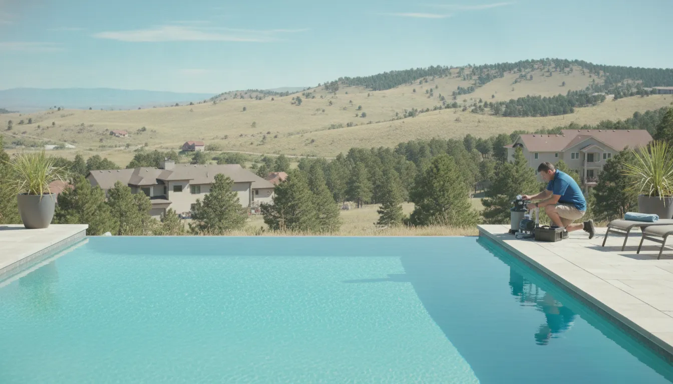 Denver homeowner pool with technician checking equipment