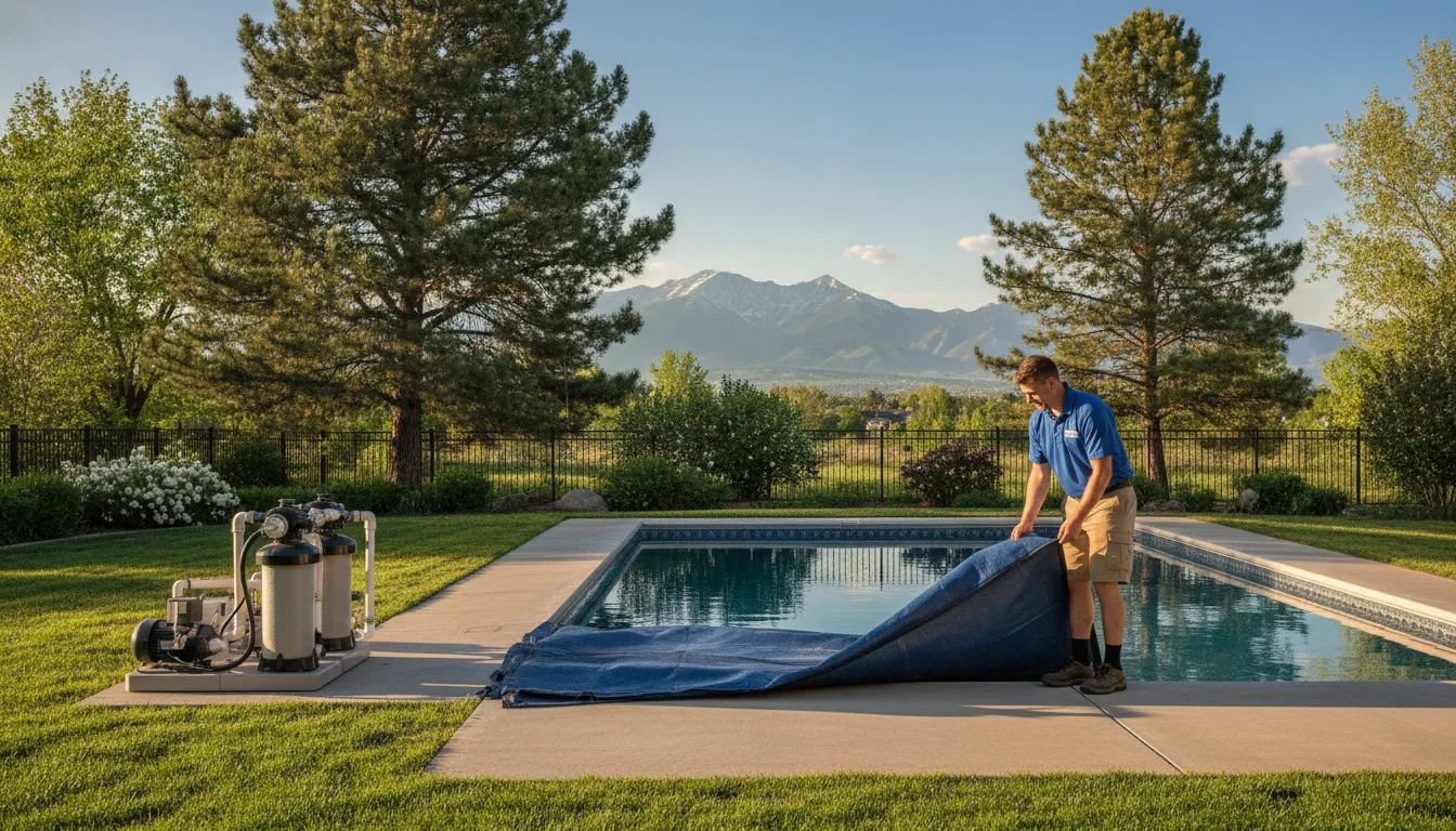 Pool technician opening a covered swimming pool in a Denver backyard