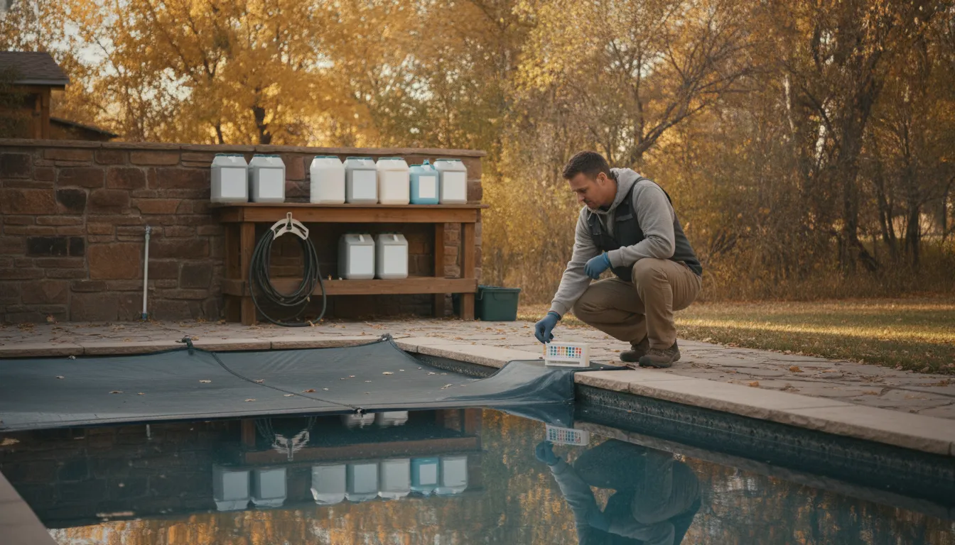 Colorado pool in late autumn with a pool care professional checking the water