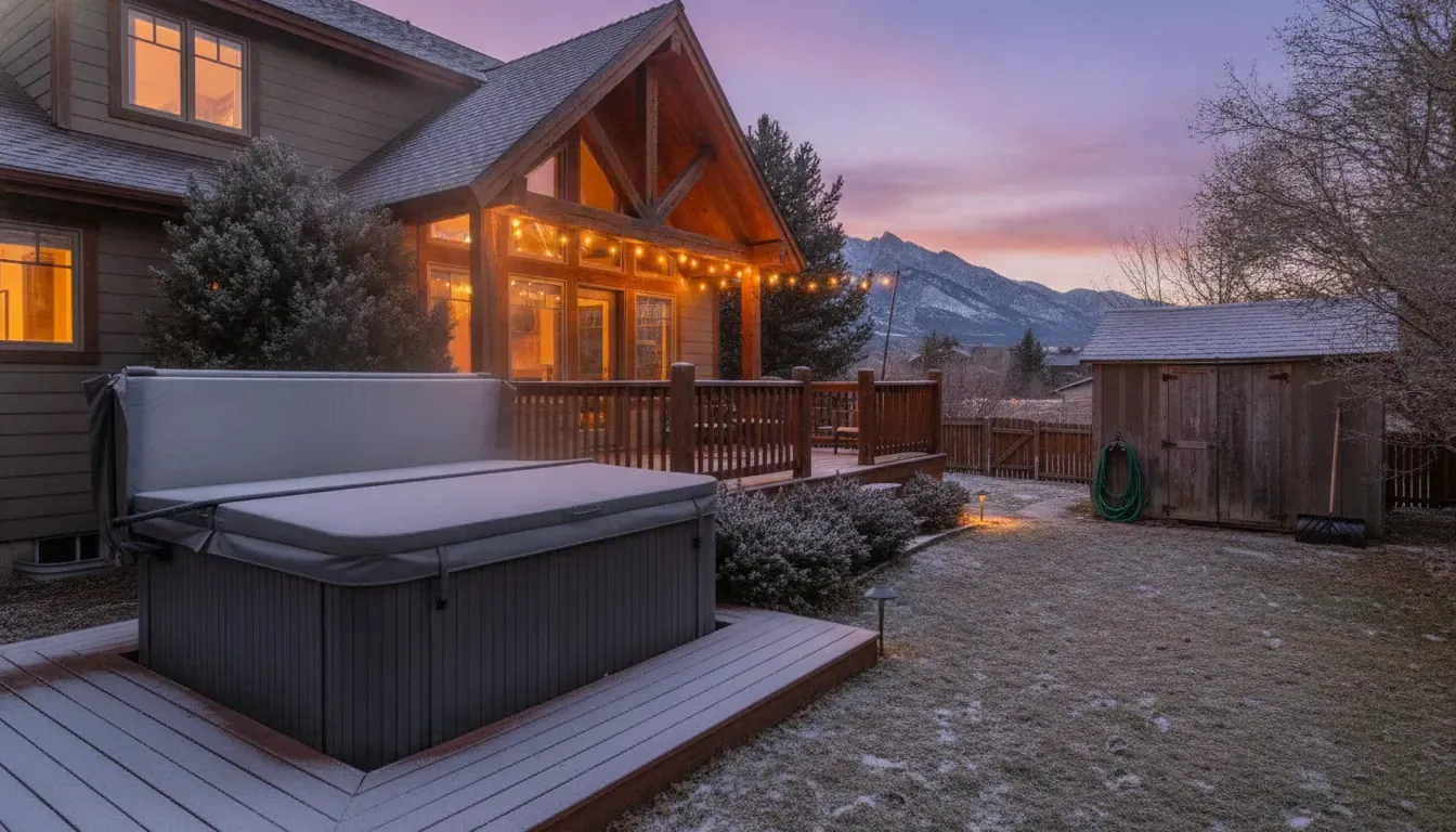 Covered hot tub in a frosty Denver backyard at dusk