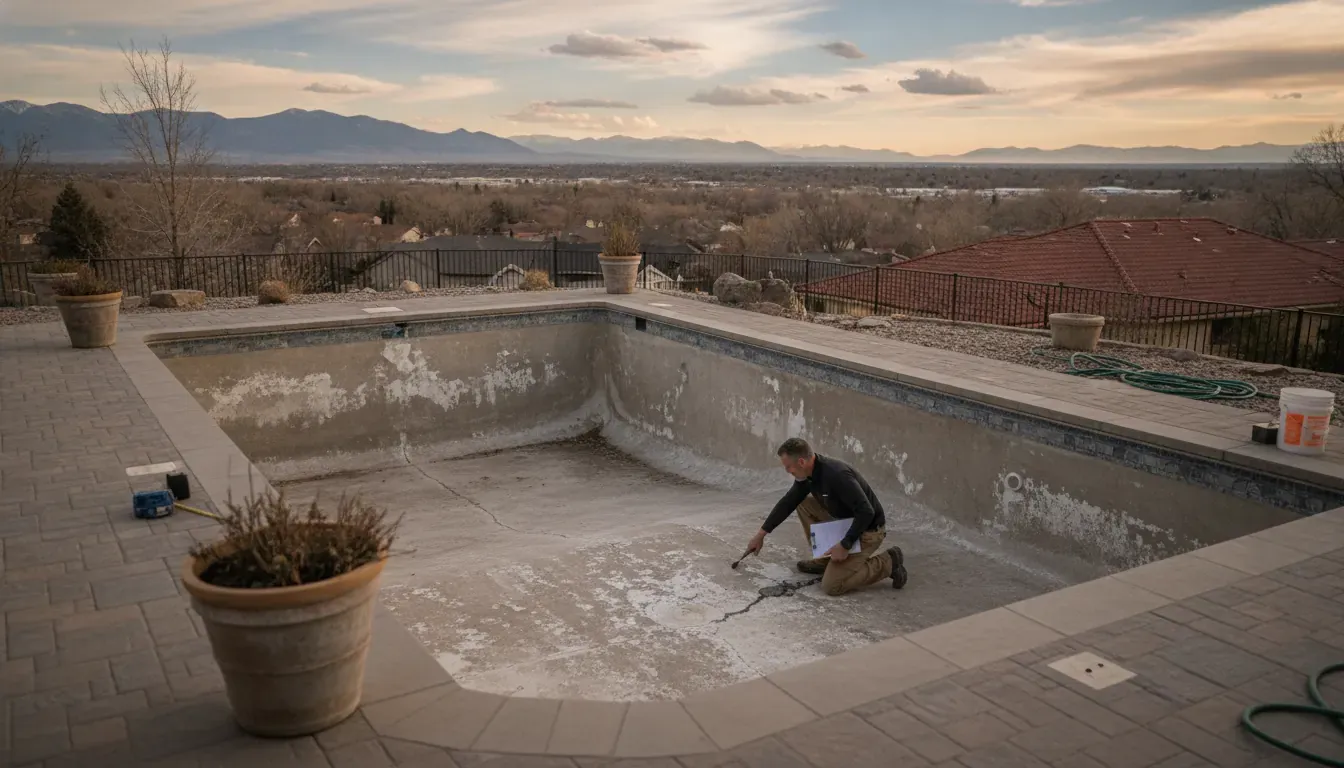 Pool professional inspecting a Denver backyard pool before resurfacing