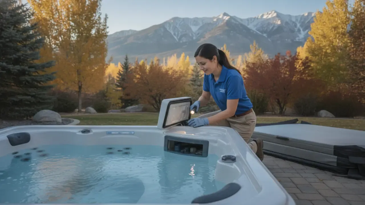 Certified technician inspecting a residential hot tub during Denver service.