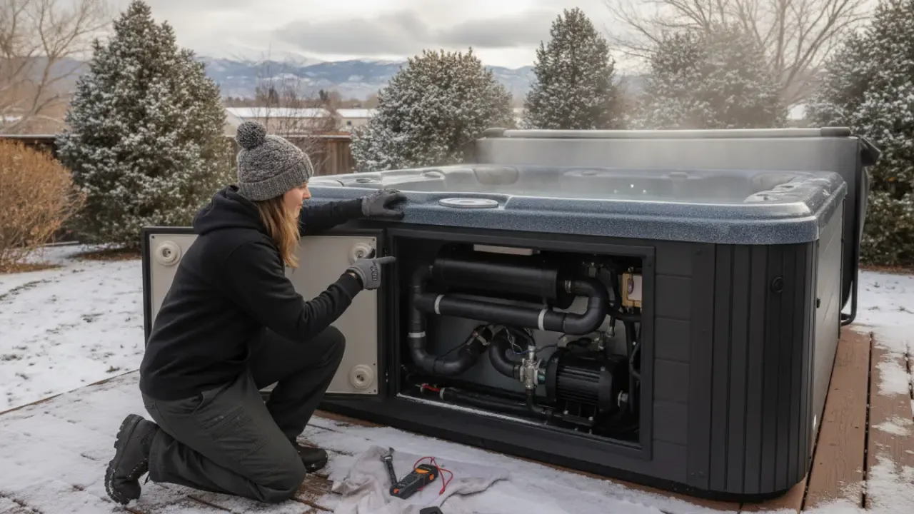 Technician inspecting hot tub circulation and heating equipment during Colorado service.