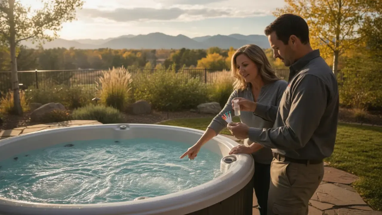 Homeowner and technician reviewing hot tub water quality during Denver service.