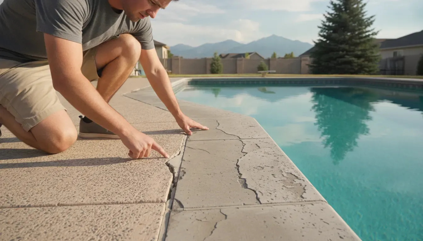 Technician inspecting a cracked pool deck and coping in Denver