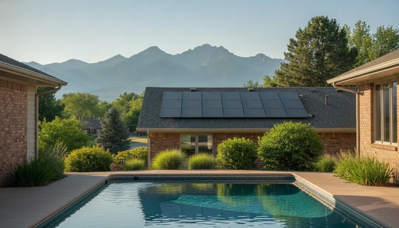 Solar pool heater collectors above a Denver-area backyard pool