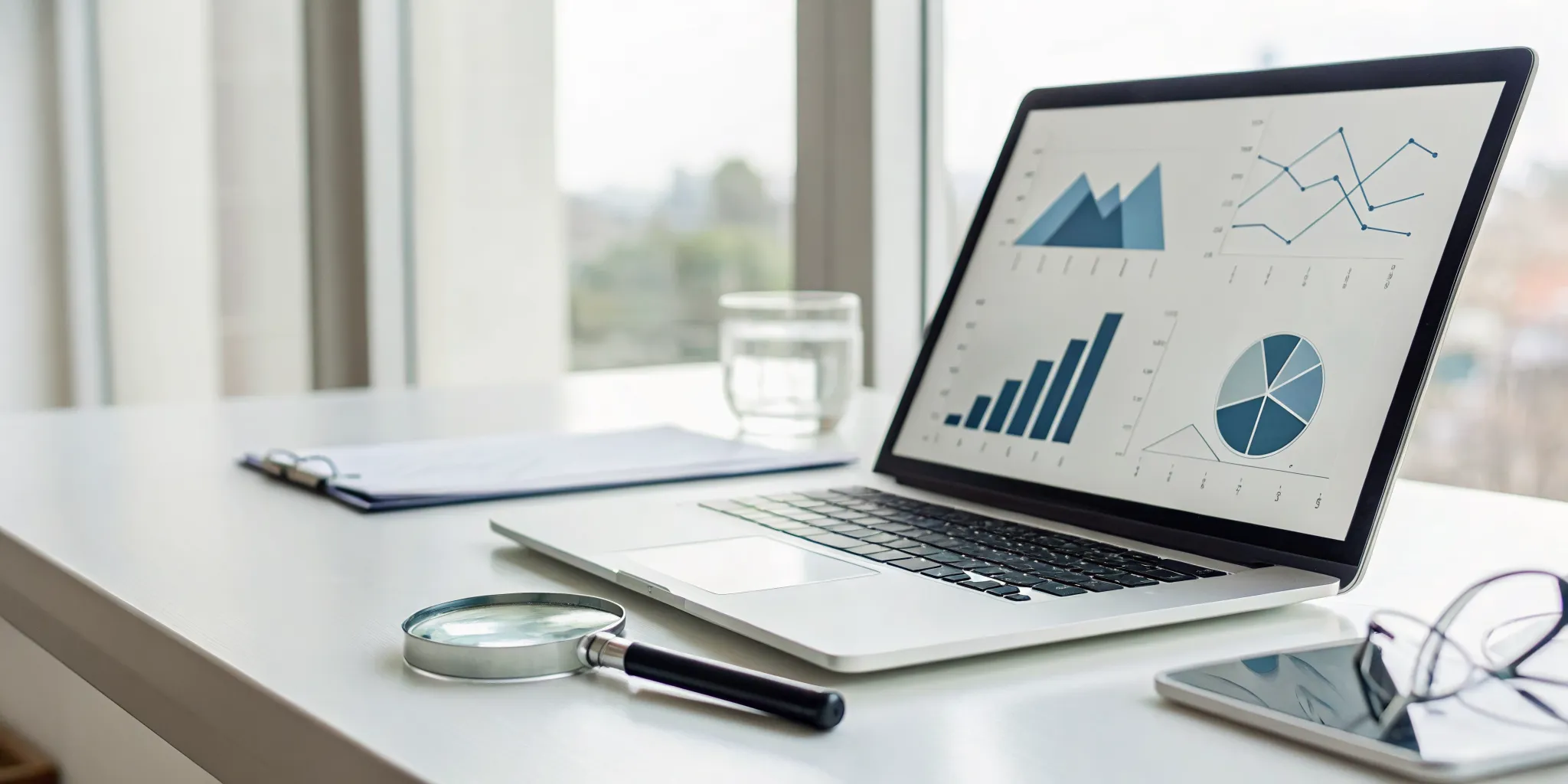 A keyword research service dashboard on a laptop showing search volume and competition data.