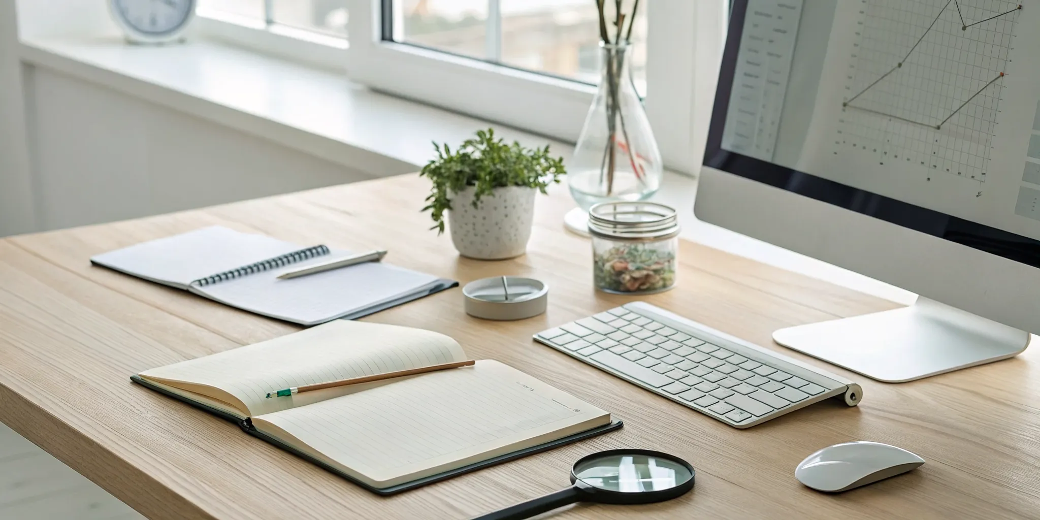 How to find seed keywords using a computer, notebook, and magnifying glass.
