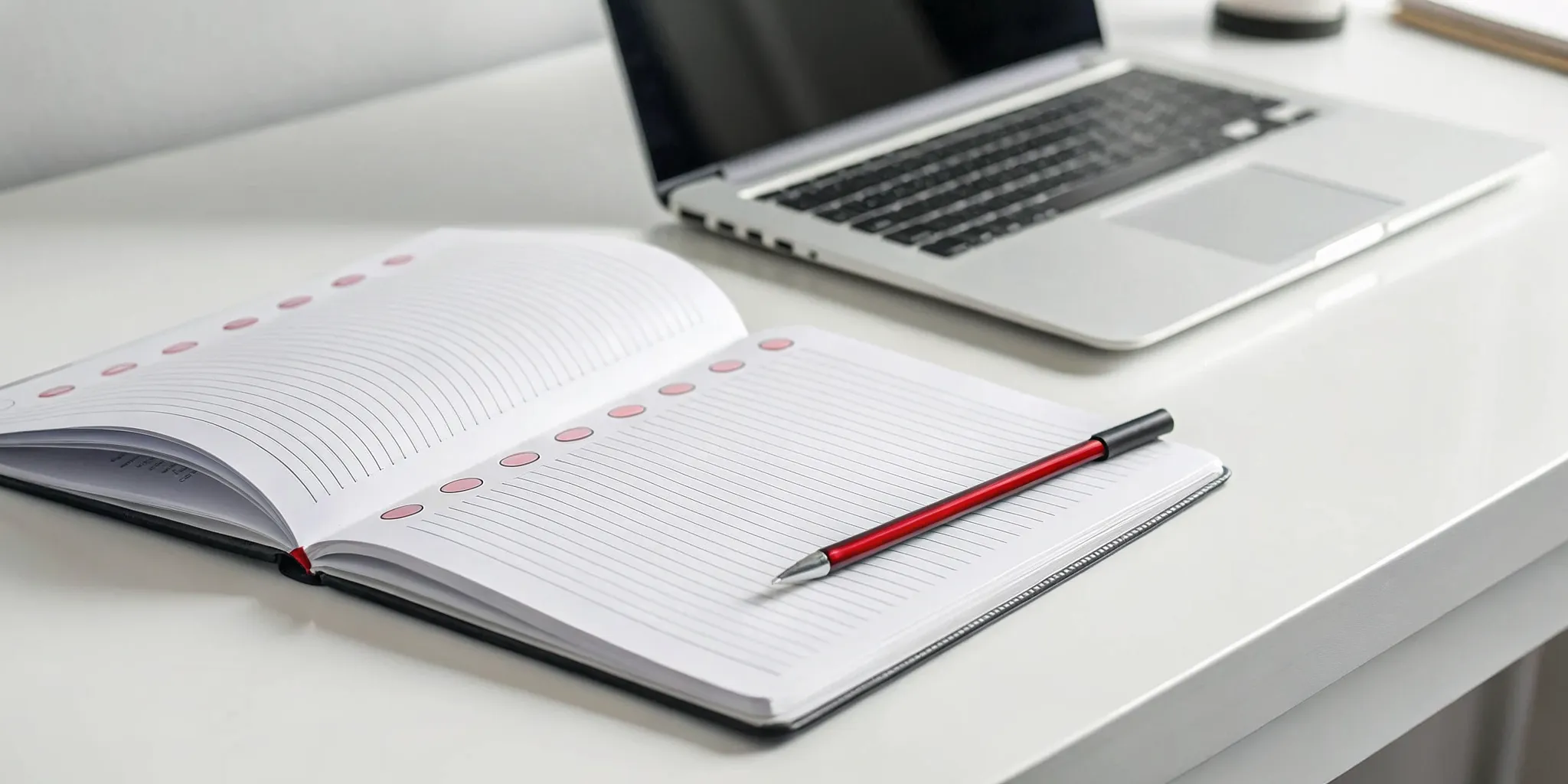 Notebook and pen beside a laptop for improving spelling in research methodology.