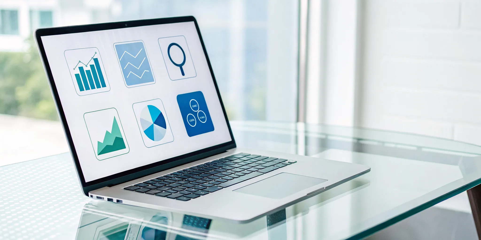 Laptop displaying keyword generator tool icons for free SEO keyword research.