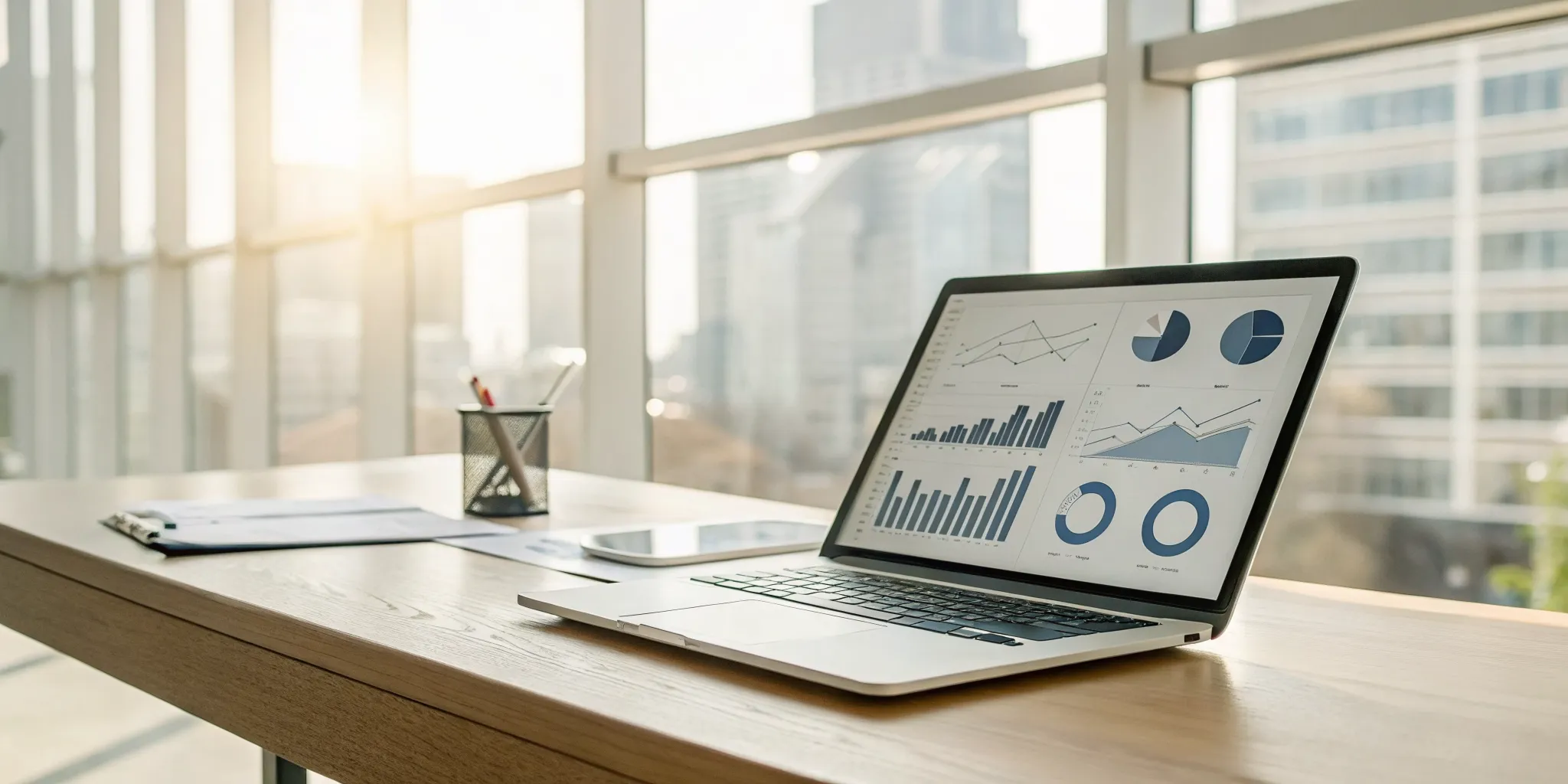 A laptop screen showing data and charts for how to do keyword research.