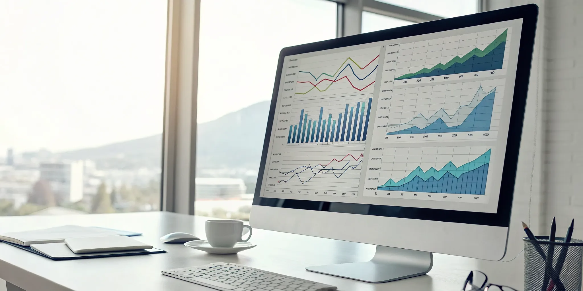 Analyzing historical keyword ranking data with charts on a computer screen.
