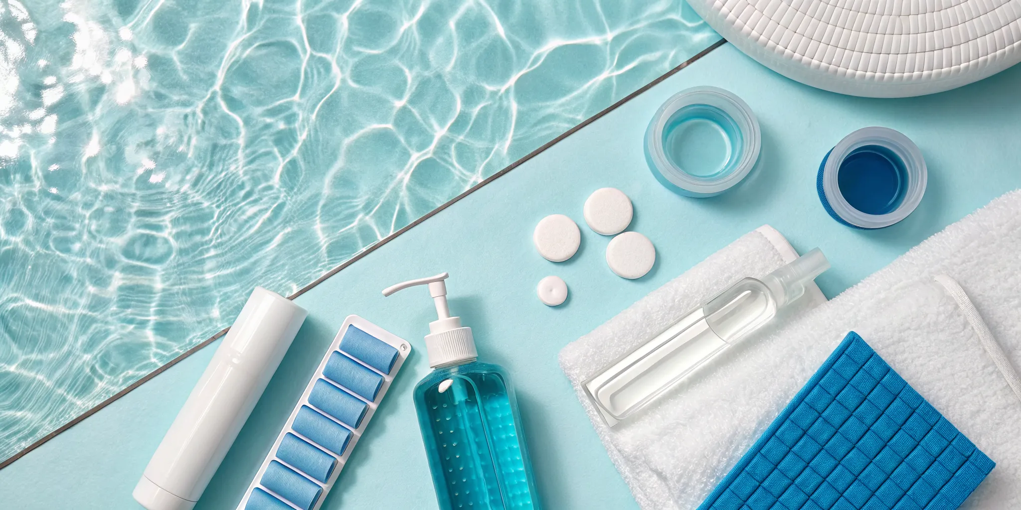 Basic pool care supplies for learning essential maintenance terms and water chemistry.