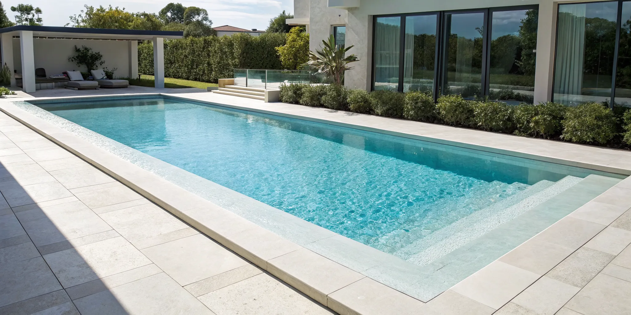 A modern backyard pool with clean water, maintained by the best automatic pool vacuums.