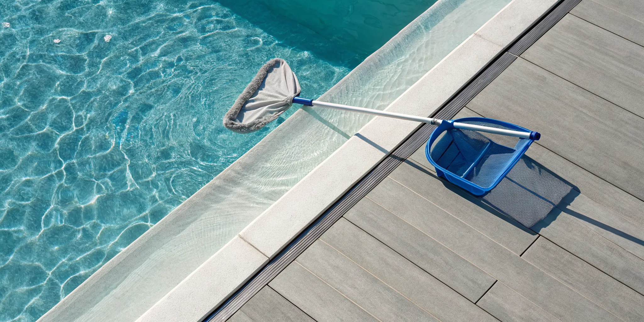 Essential pool cleaning supplies, including a skimmer and brush, arranged by a swimming pool.
