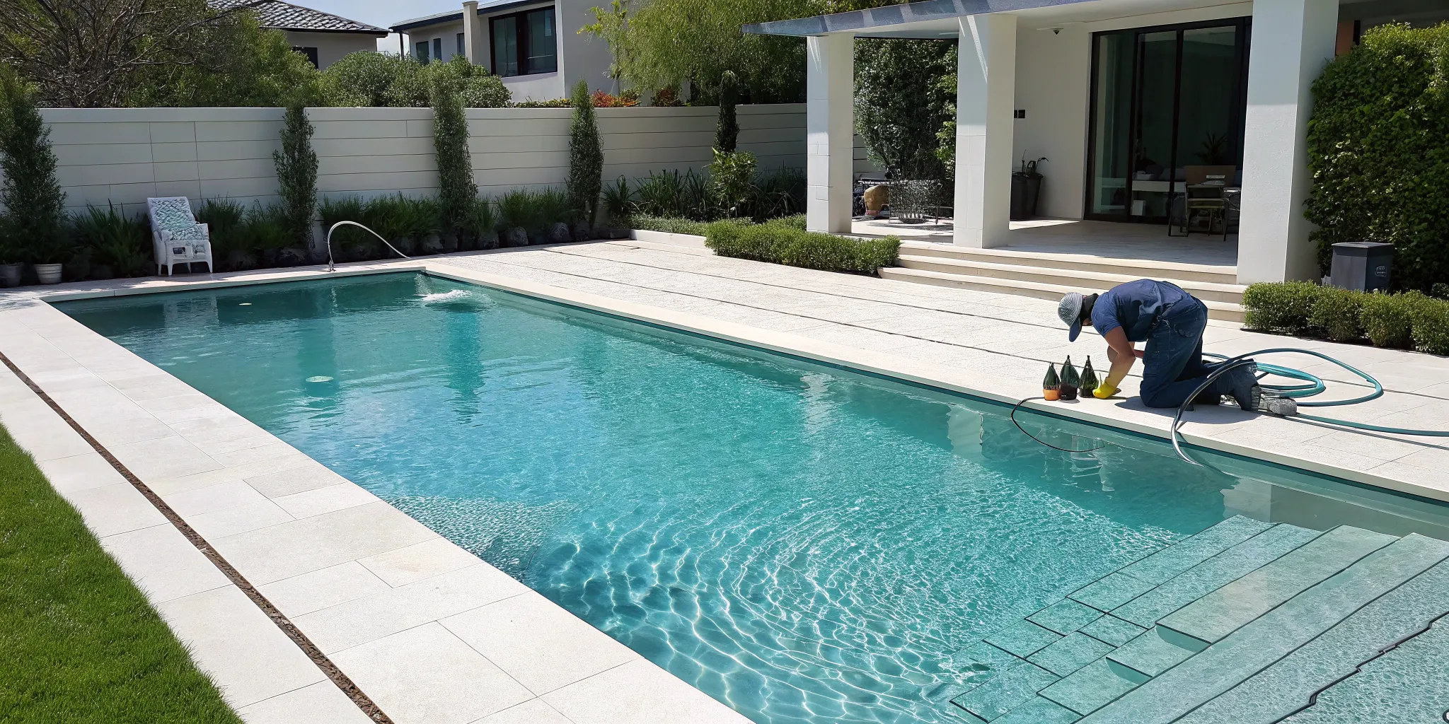 Professional pool service technician cleaning a residential swimming pool.
