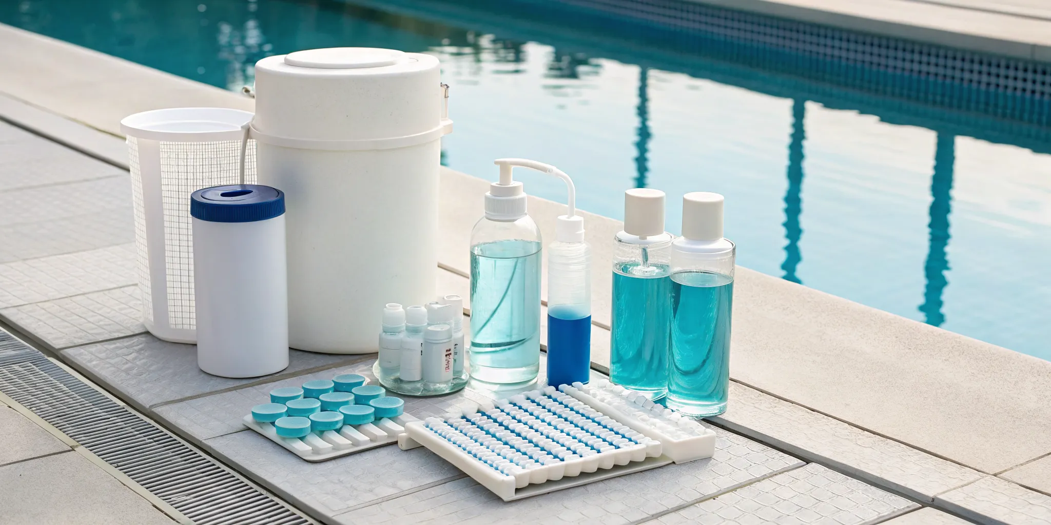 Essential pool water products like chemicals and test kits arranged beside a clean pool.