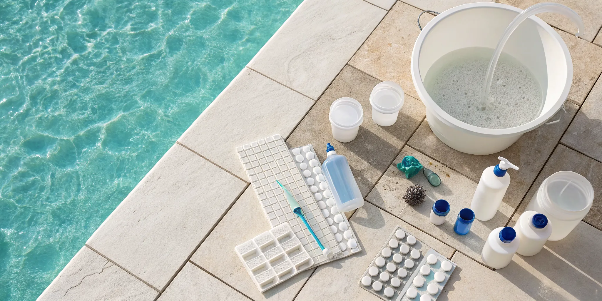 A set of pool maintenance chemicals and a water testing kit beside a sparkling blue swimming pool.