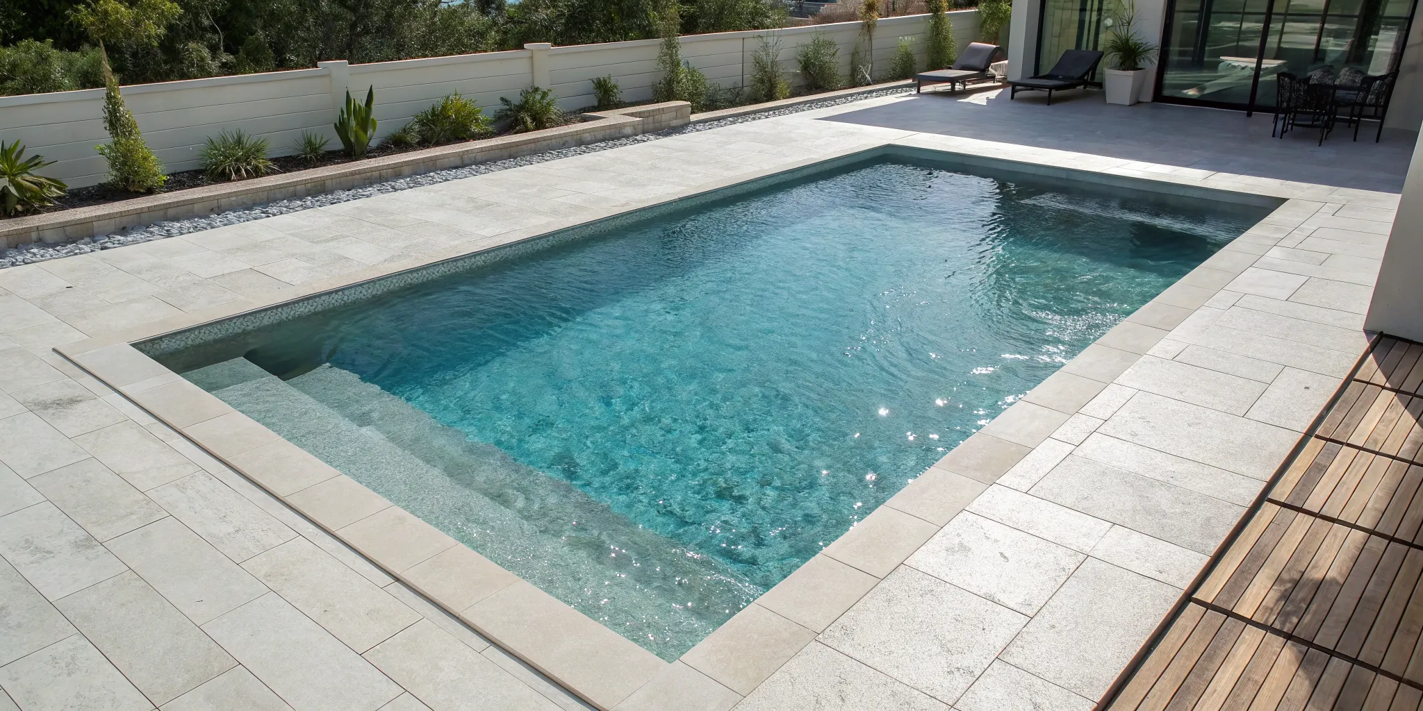 Modern inground pool and spa with clean tile decking in a landscaped backyard.