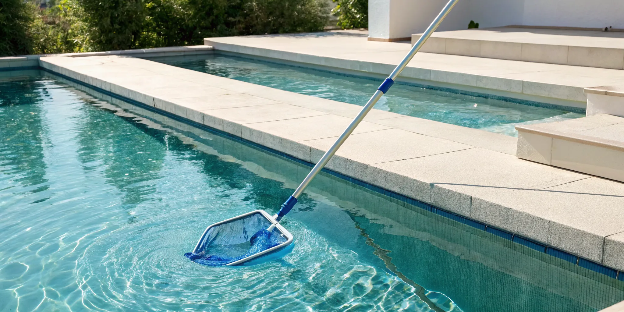 Manual pool skimmer cleaning leaves and debris from a swimming pool.
