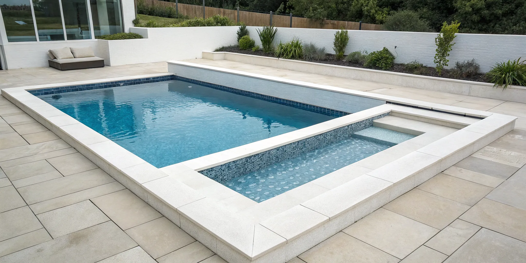 An in-ground swimming pool with an attached spa, a common type for homeowners.