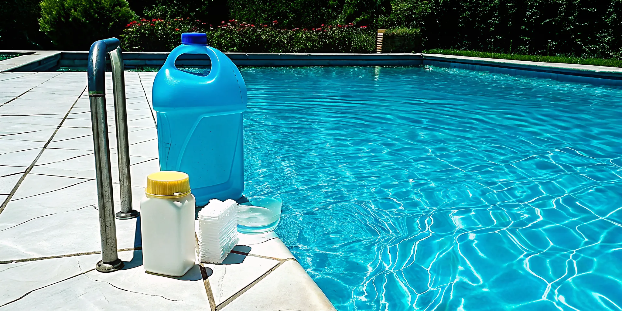 Pool maintenance chemicals and a test kit ready for use beside a clean swimming pool.